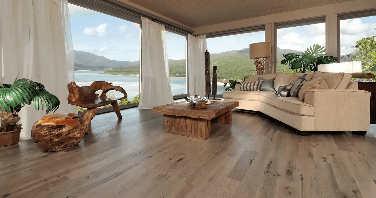 Professionally installed vinyl flooring in a modern living room with large windows in Chattanooga, TN